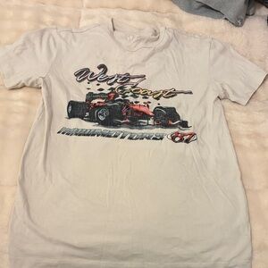 Aeropostale White Short Sleeve Tee with Red and Black Racing Car Graphic